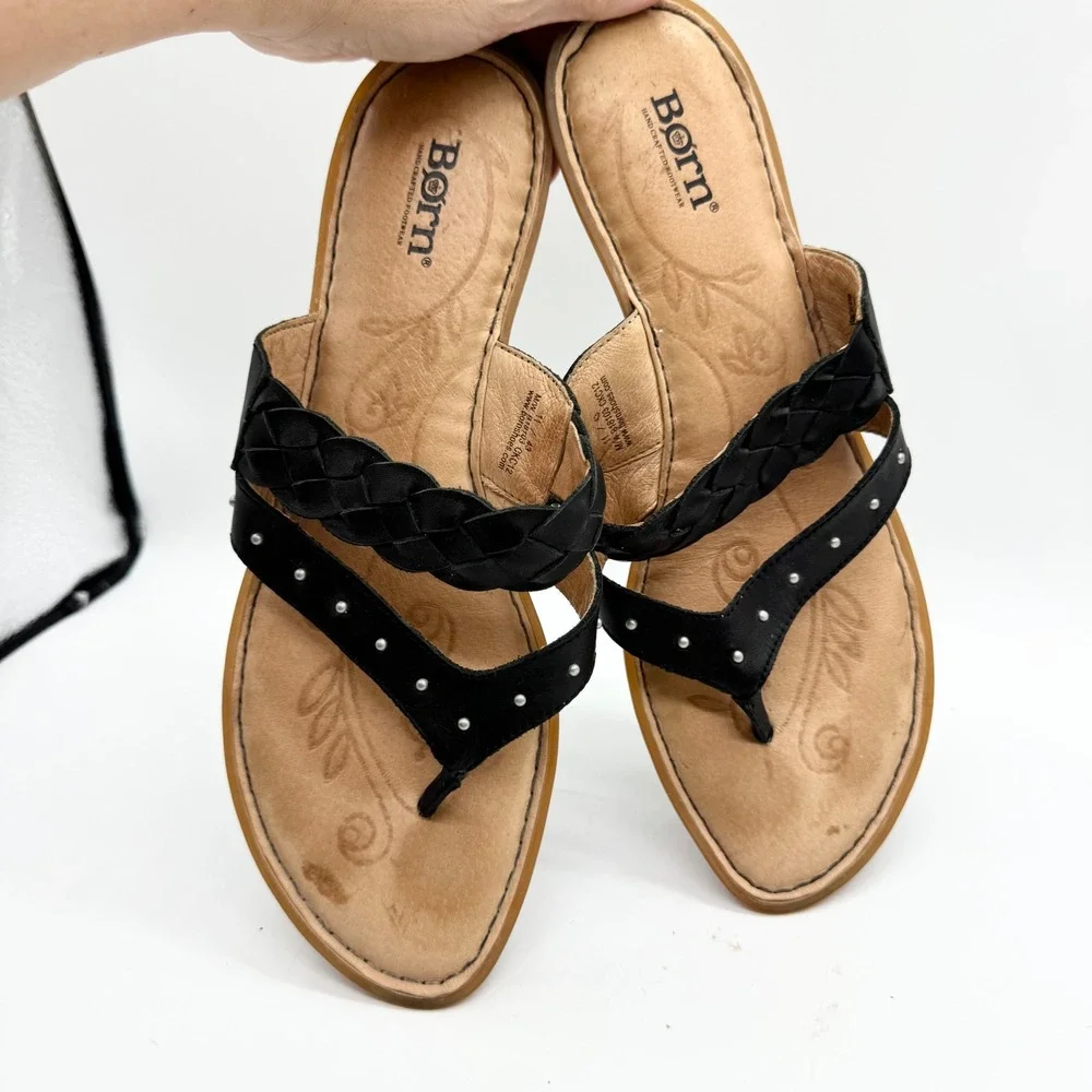 Born Braided Strap Thong Sandals Slip On Flats Black Leather Size 11 Boho Casual